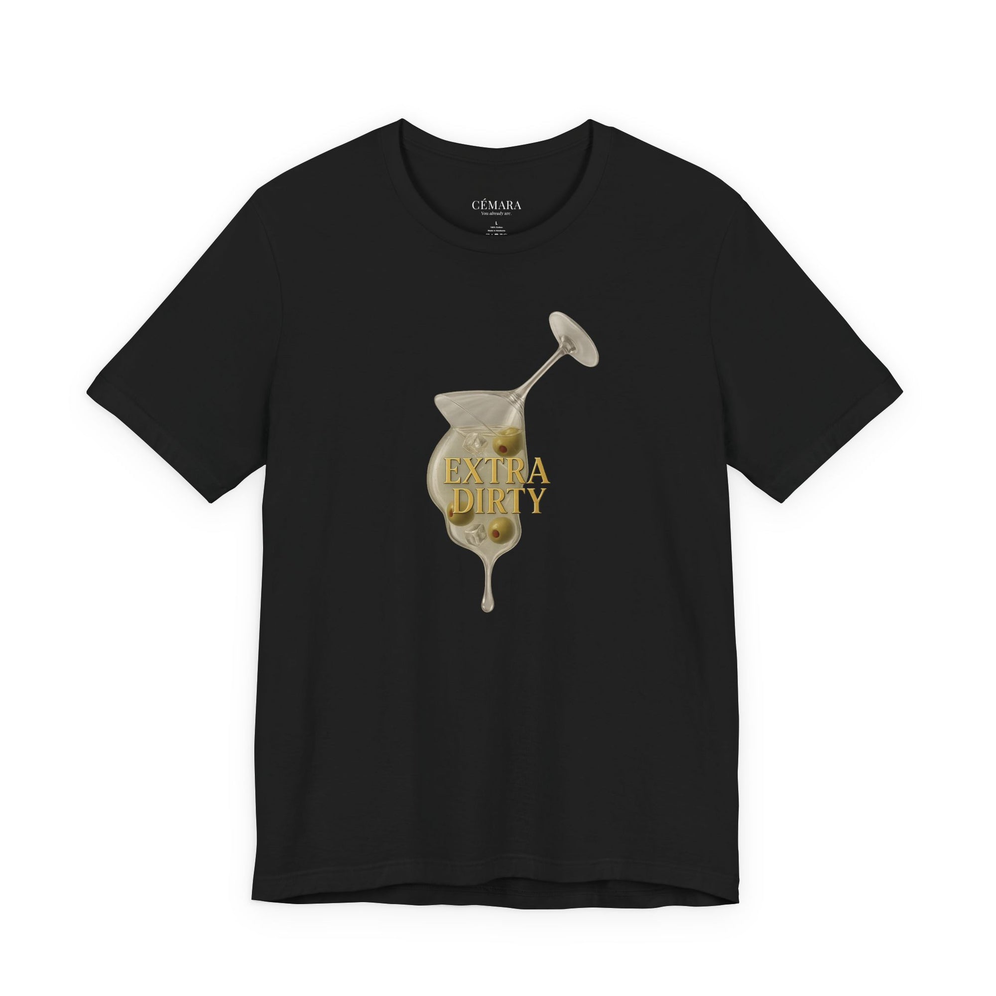 Extra Dirty T-Shirt Damen – Dirty Martini Shirt mit goldener Typo & Olivenprint | CÉMARA