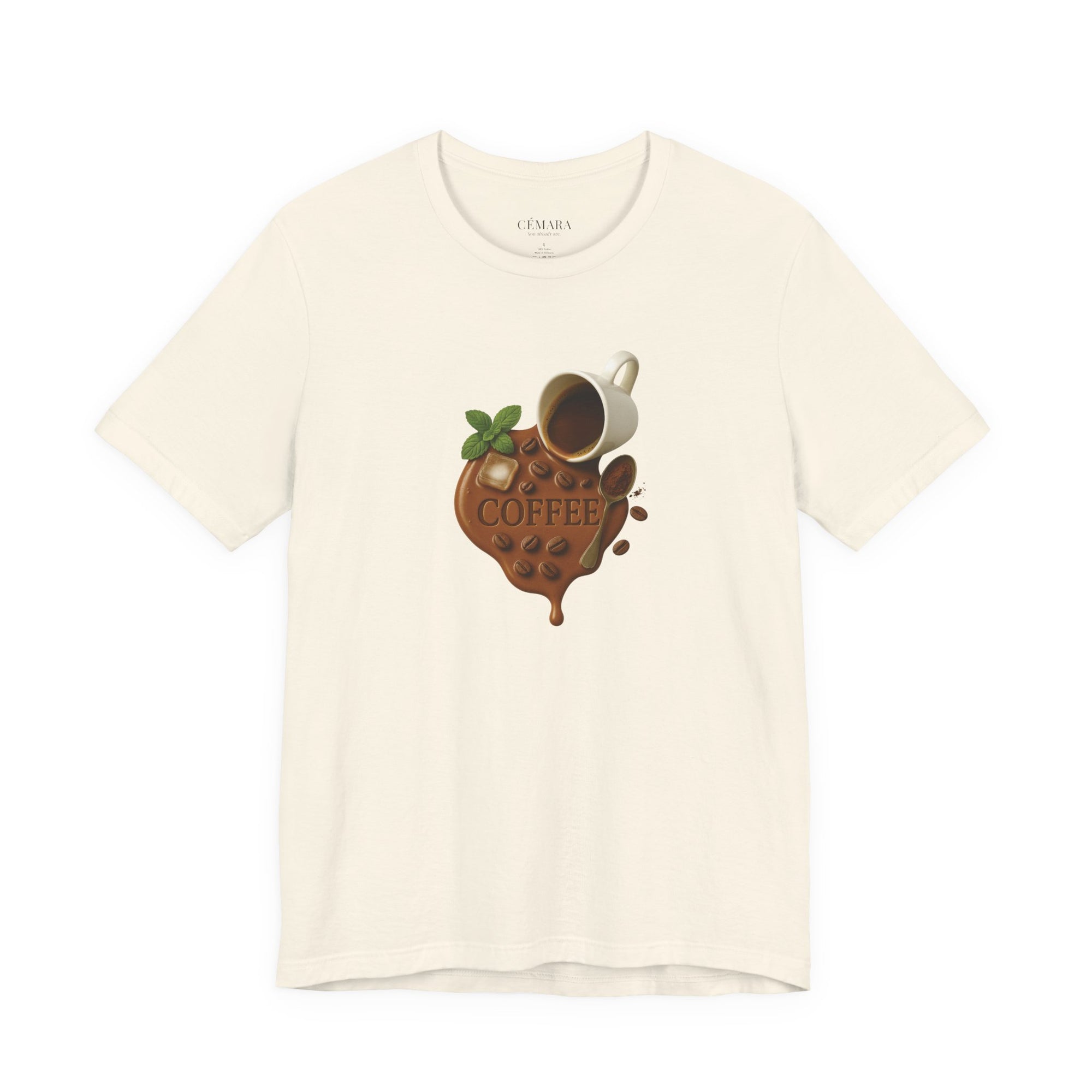 CÉMARA Coffee Shirt Damen beige – Kaffeetassen Design Frontprint mit Bohnen und Tropfen, Aesthetic Coffee Shirt