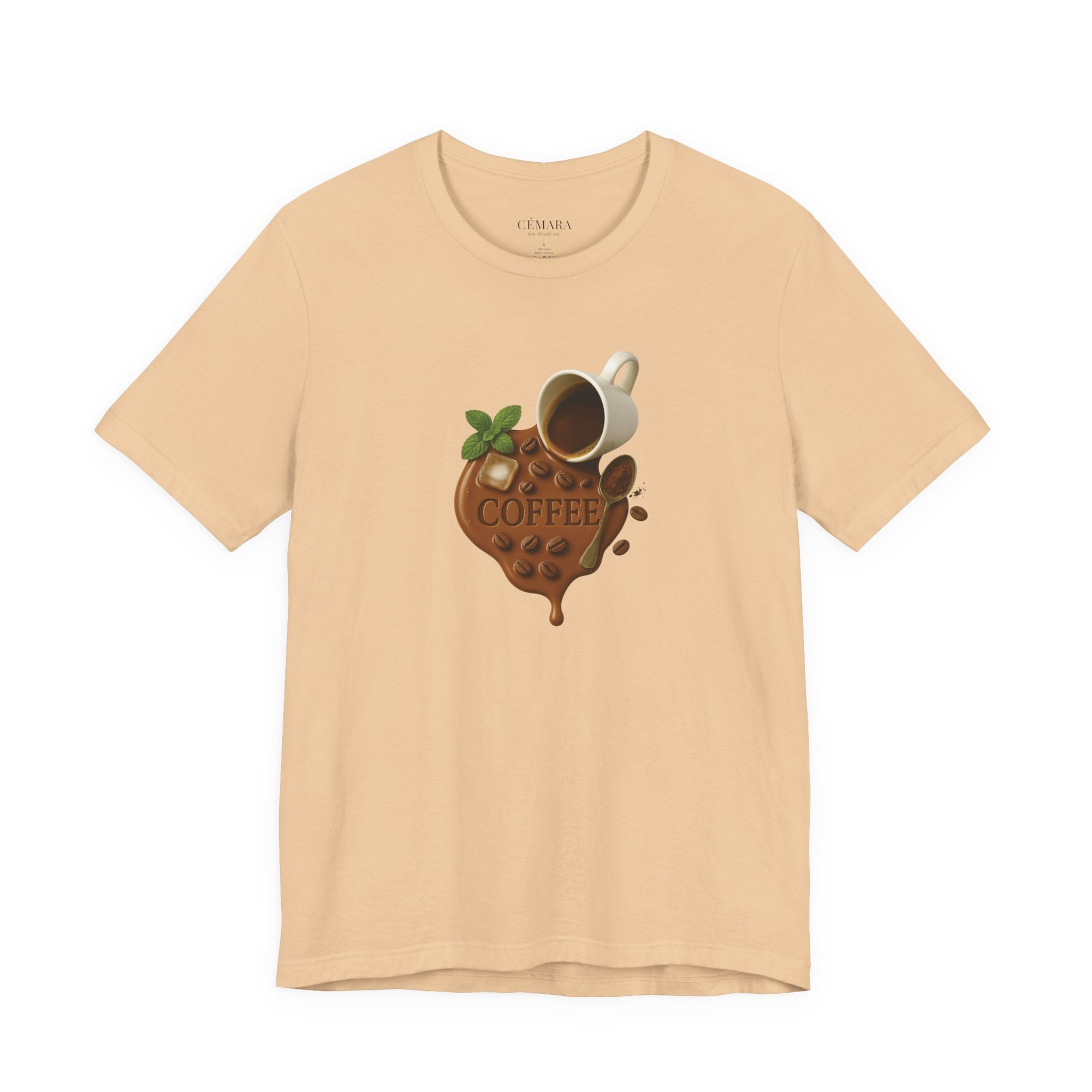 CÉMARA Coffee Shirt Damen sandgrau – Statement Frontprint Coffee mit Bohnen & Tasse, minimalistisch edel