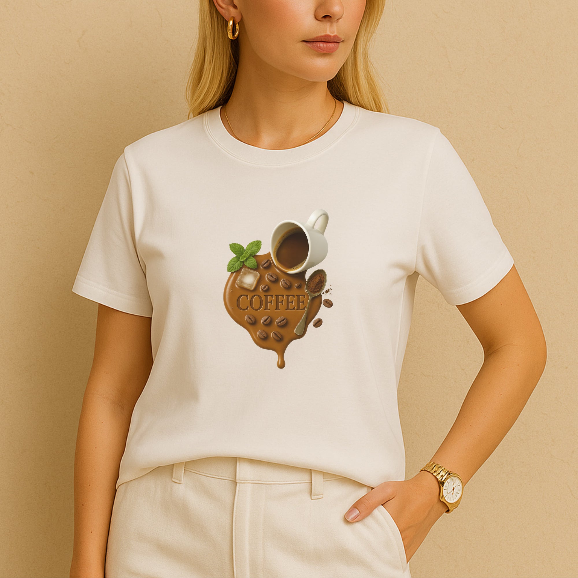 CÉMARA COFFEE Shirt Damen weiß – Frontansicht mit schwarzem Kaffee-Motiv, getragen von stylischer Frau, minimalistischer Look, perfektes Statement Shirt für Coffee Lover
