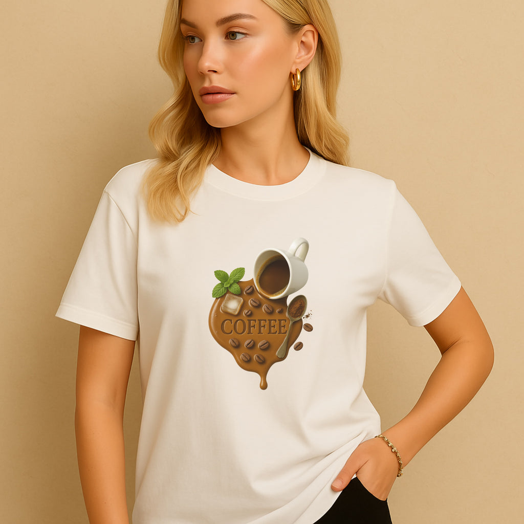 CÉMARA COFFEE Shirt Damen weiß – Frontansicht mit minimalem Print stilvoll getragen im Alltag, hochwertiges Baumwollshirt für Kaffee-Fans im minimalistischen Look