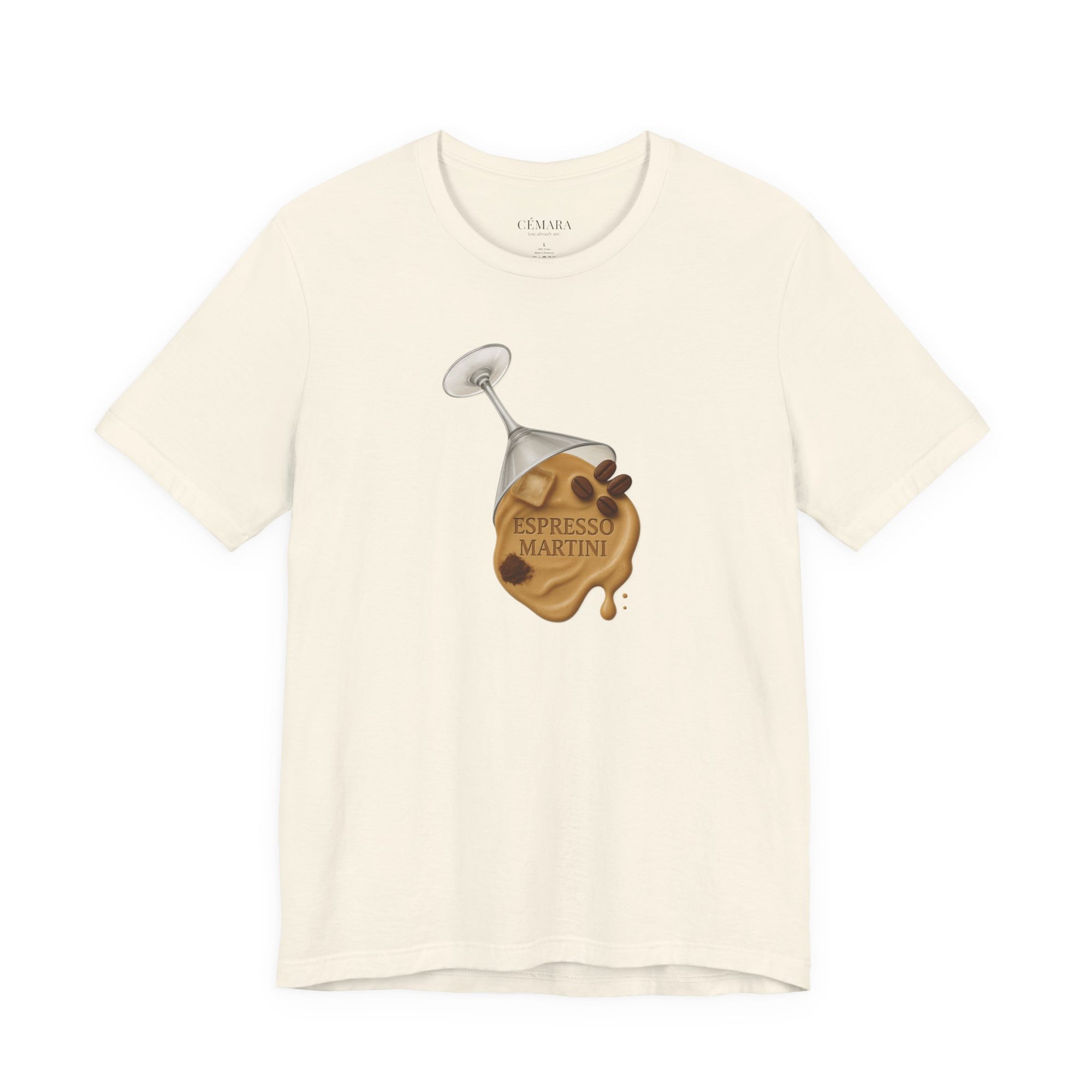 Beige Damen T-Shirt mit Espresso Martini Glasprint – realistischer Cocktailprint für Coffee Girls