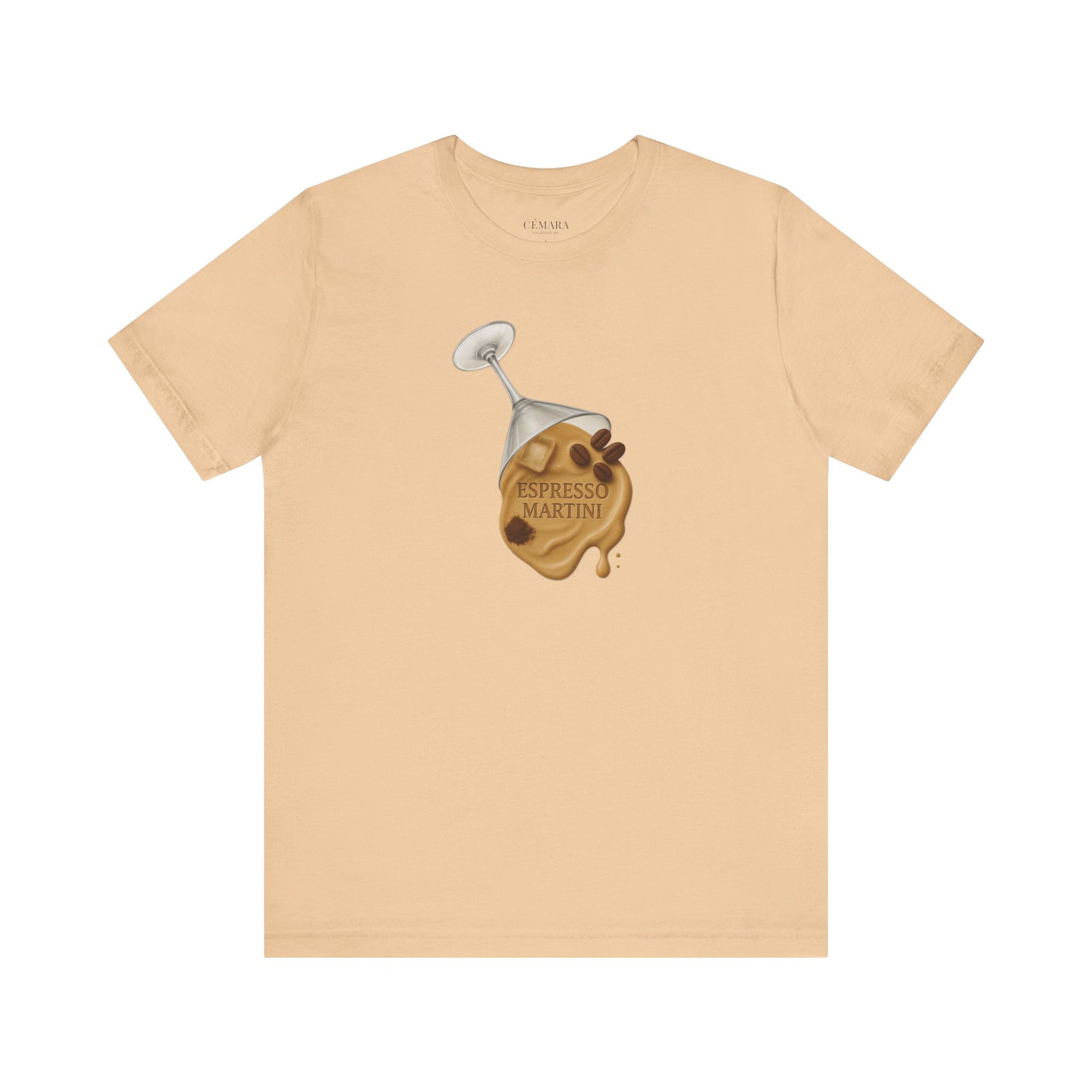 Sandgraues Shirt mit Espresso Cocktail Design – minimalistisches Fashion Statement mit Bohnen