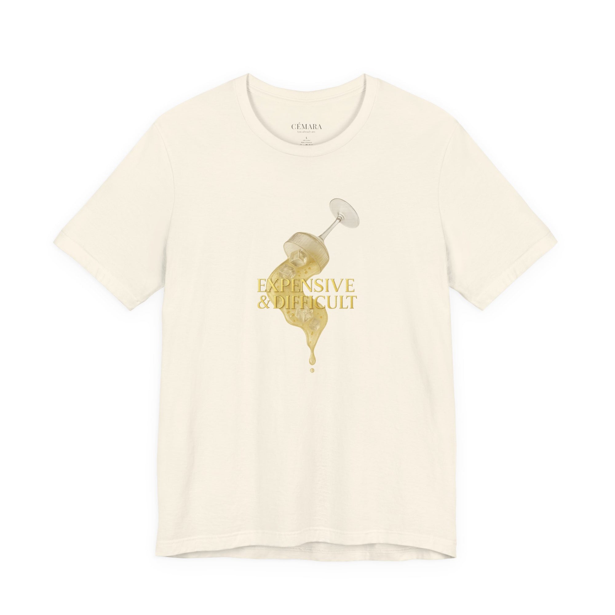 Beige Damen T-Shirt mit goldenem Glas-Print – „Expensive & Difficult“ Statement-Shirt von CÉMARA