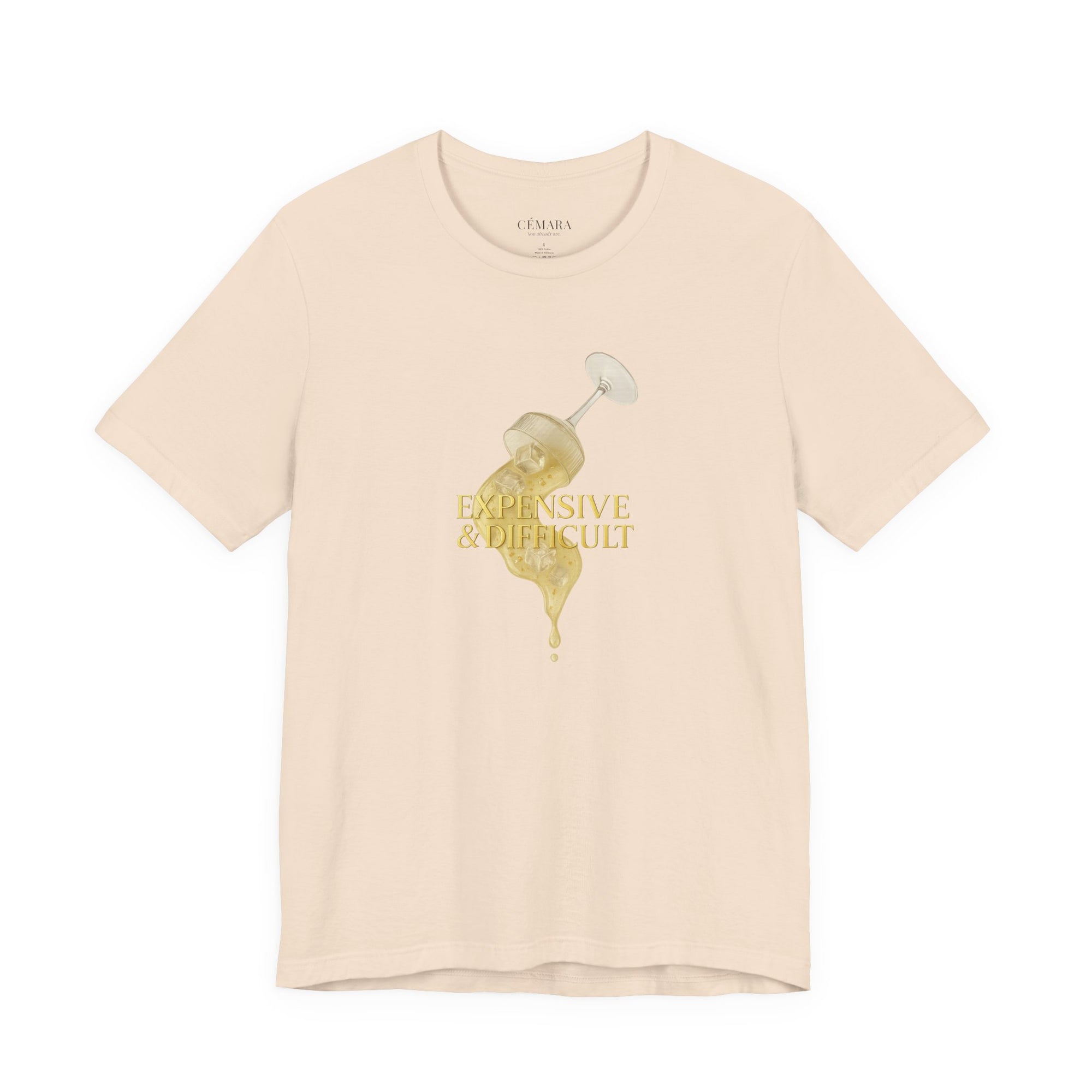 Roséfarbene Fashion Shirt Frauen mit goldenem Glasmotiv & „Expensive & Difficult“ Statementprint