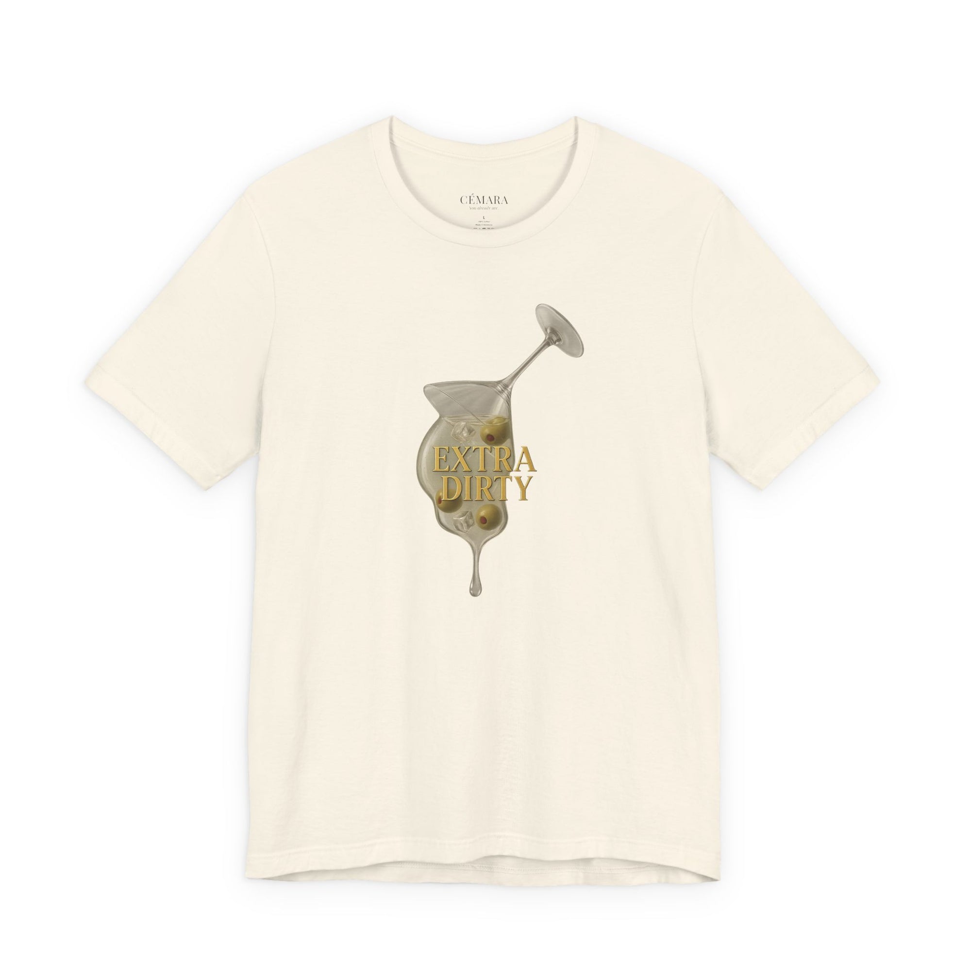 Beige Damen Shirt mit Dirty Martini Print & „Extra Dirty“ Statement in goldener Typografie