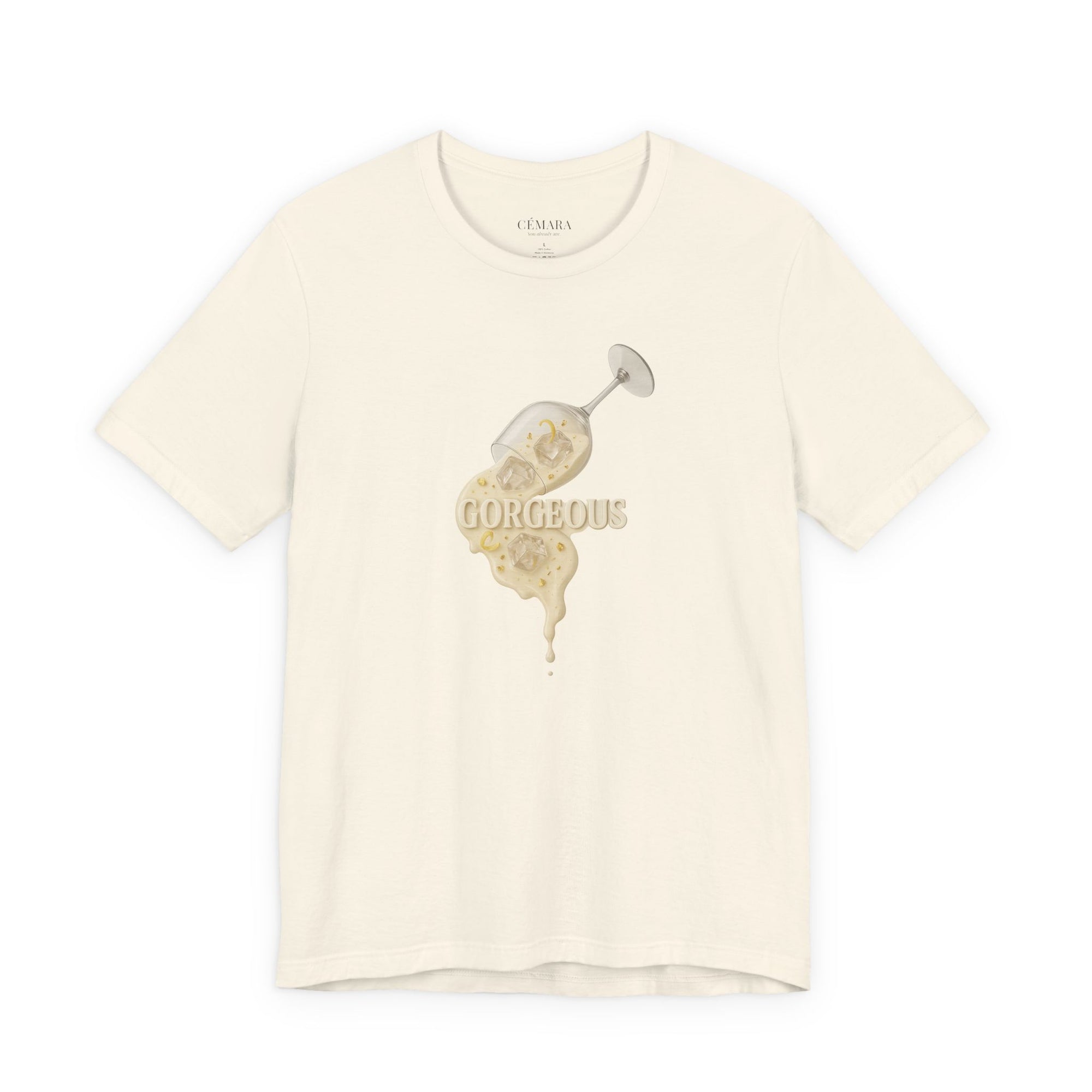 Damen Shirt in Beige mit Champagner Print & Statement „Gorgeous“ in eleganter Gold-Typografie
