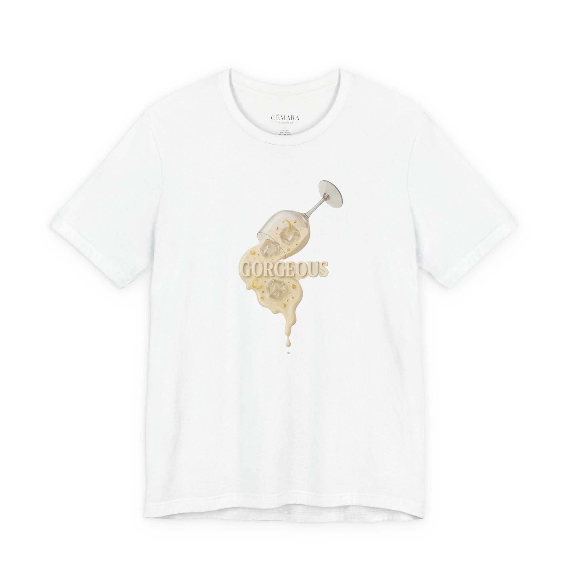 Weißes T-Shirt mit flüssigem Champagner Print & femininer Botschaft „Gorgeous“