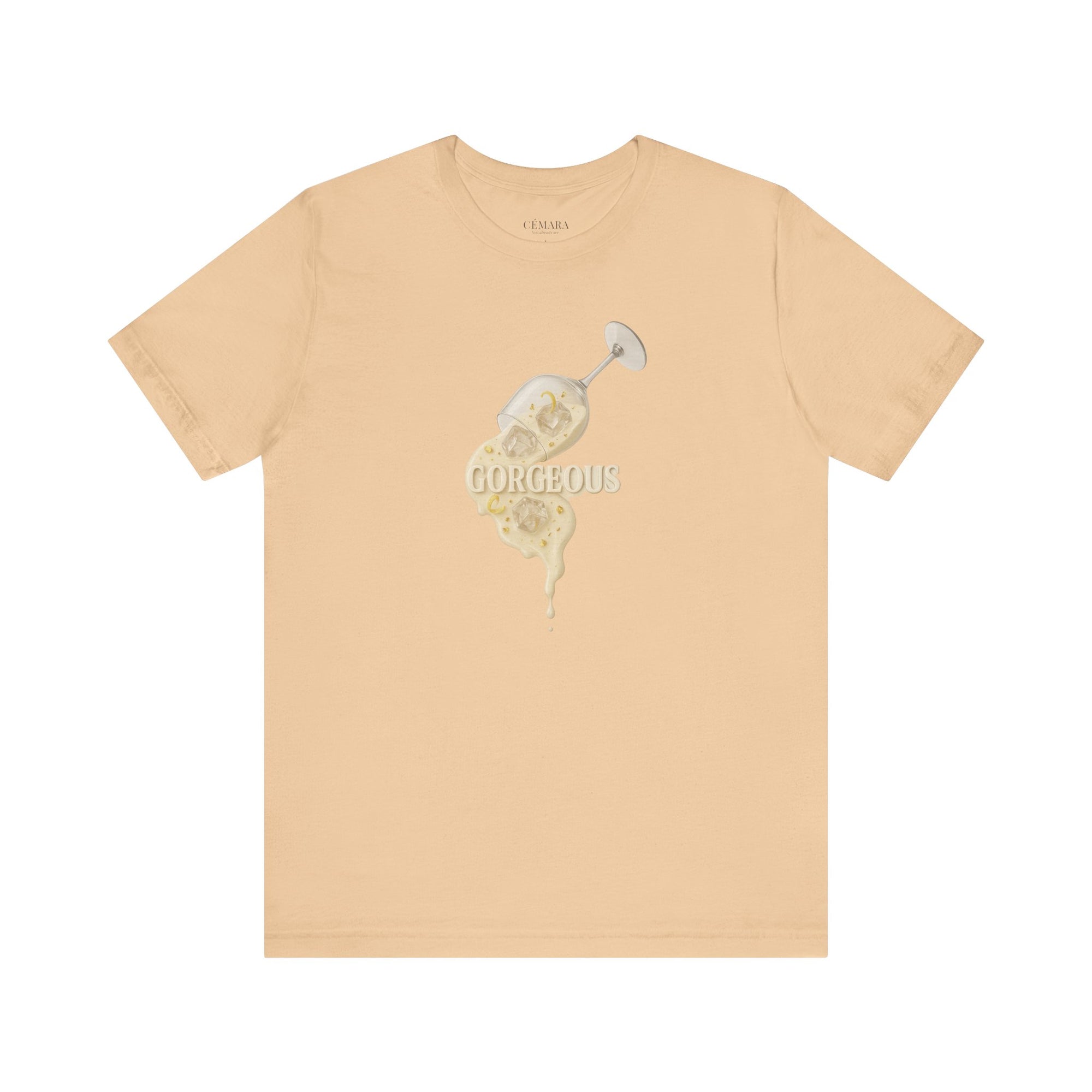 Sandfarbenes Damen Shirt mit edler Drink Illustration & goldener Statement-Schrift
