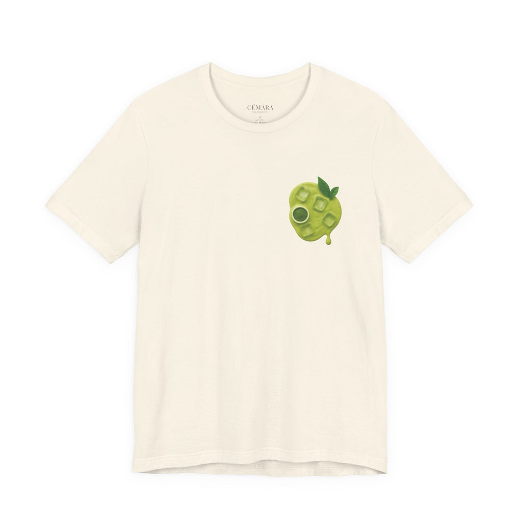 Beige Matcha Latte Shirt with small front matcha cup print – capsule wardrobe essential