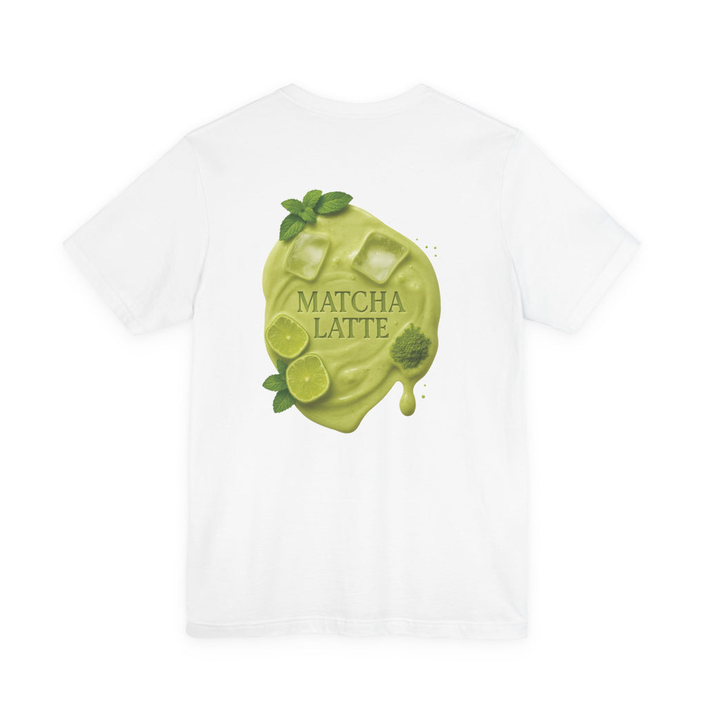 White Matcha Latte T-Shirt with bold backprint – dripping green matcha and lime design by CÉMARA