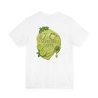 White Matcha Latte T-Shirt with bold backprint – dripping green matcha and lime design by CÉMARA