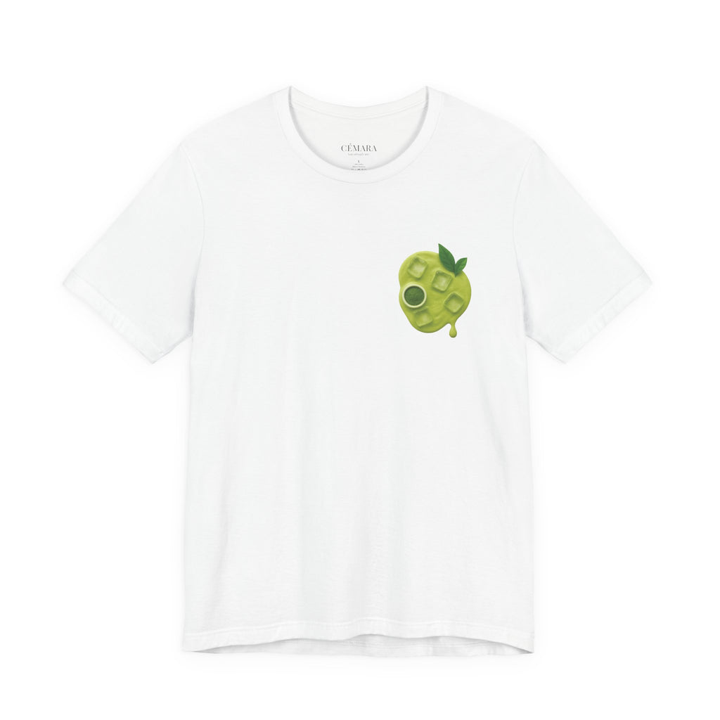 White Matcha Latte T-Shirt with front print – minimal green matcha design by CÉMARA