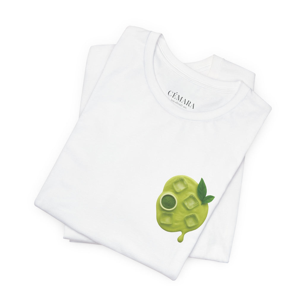 White Matcha Latte T-Shirt with front print – minimal green matcha design by CÉMARA flatlay
