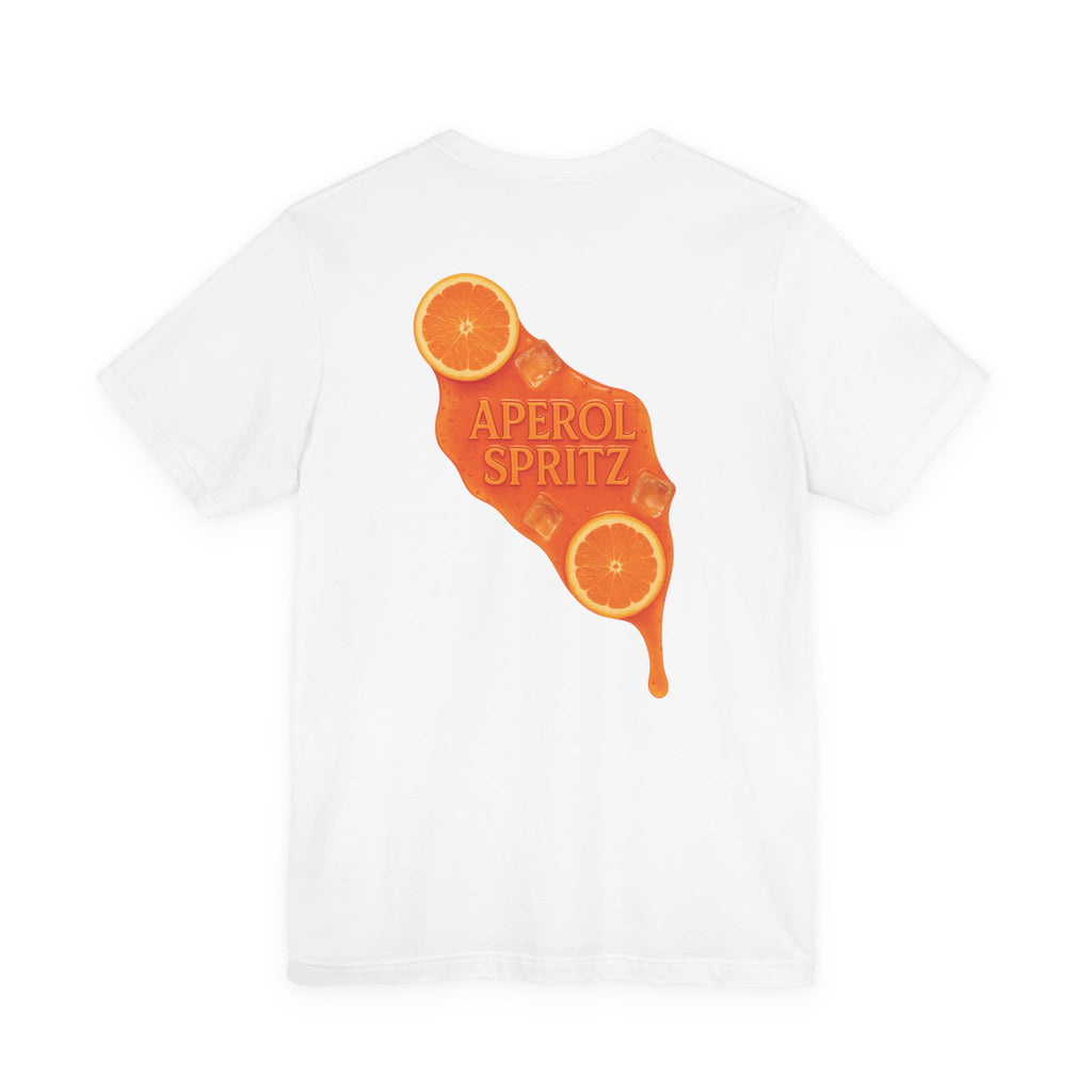 Rückseite: Naturweißes Damen Shirt mit orangenem Drink-Design – auffälliger Sommer-Backprint