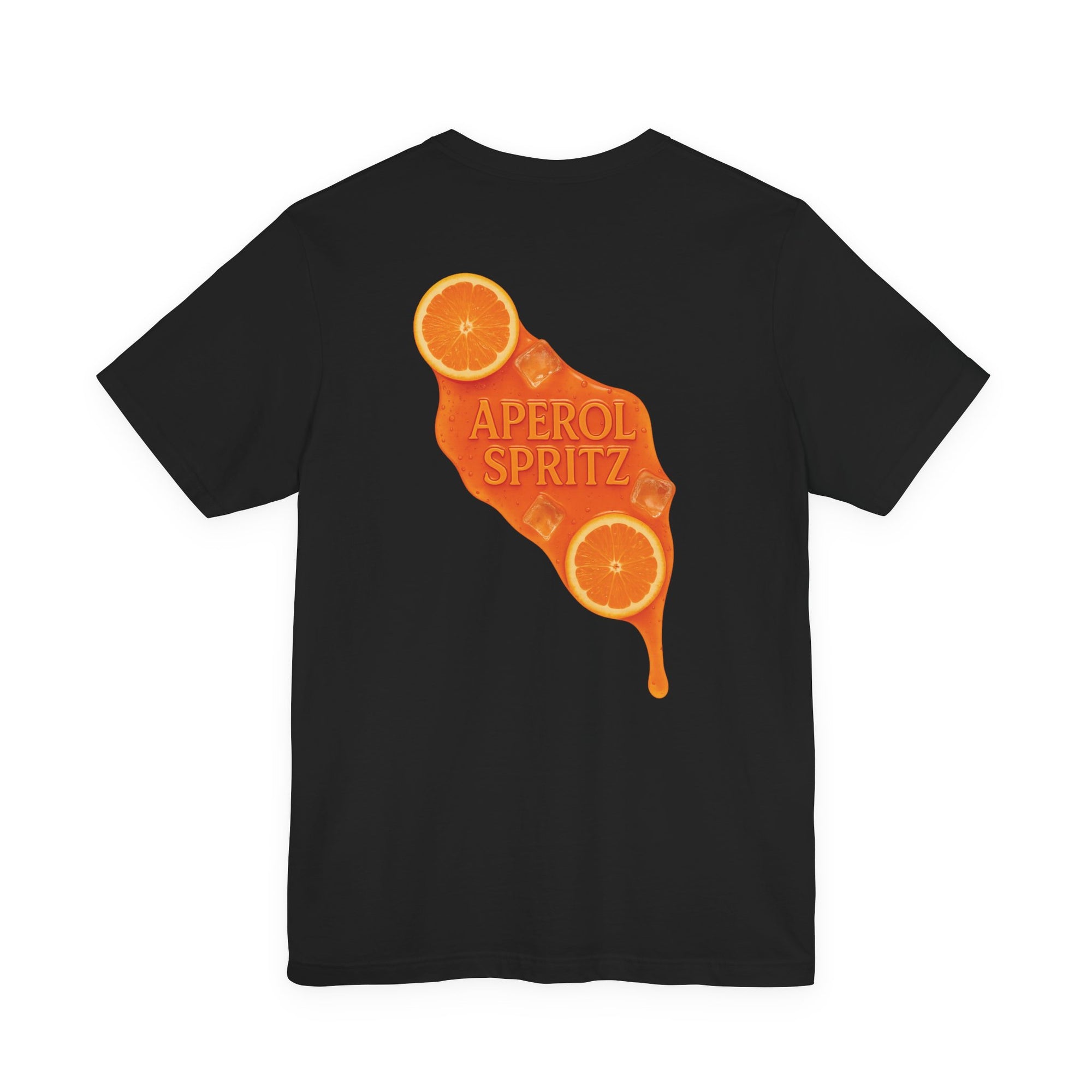 Schwarzes Shirt Rückansicht – Cocktail-Design in Orange auf dunklem Stoff – für feminine Statements