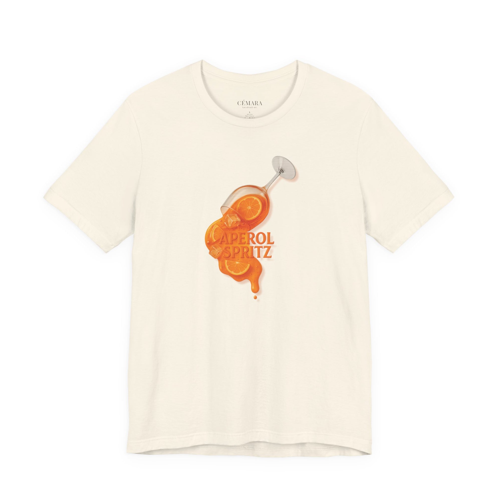 Sandgraues Damen T-Shirt mit orangefarbenem Spritz Print – Trendshirt für Capsule Wardrobe & Aperitivo Look